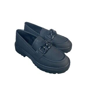 Mudd Retro Matte Black Chunky Lug Heel Loafers Chain Vegan Leather Sz 8 NWOT